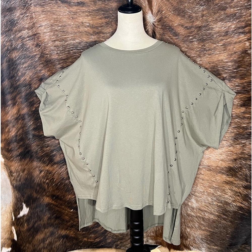 Studded Short Sleeve Boxy High Low Shirt Olive Green